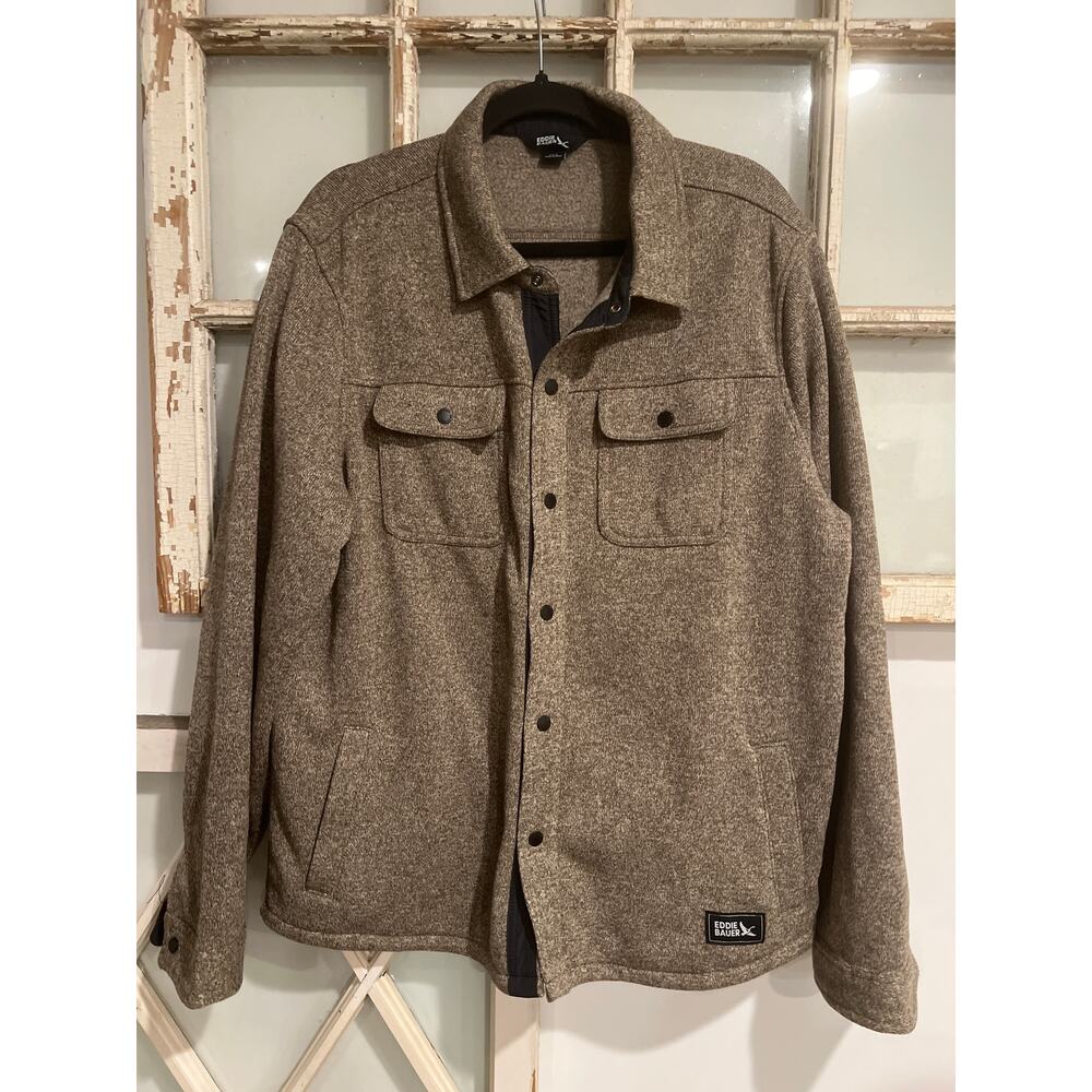 Eddie Bauer size large Men's Sweater Fleece Shirt Jacket in a tan color